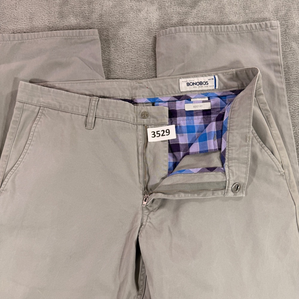 Bonobos Washed Chinos Mens 34/36 Grey Boot Fit 100% Cotton Flat Front Pants